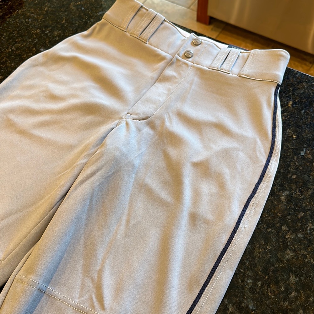 Adult baseball pants, grey with navy stripe, new with tags